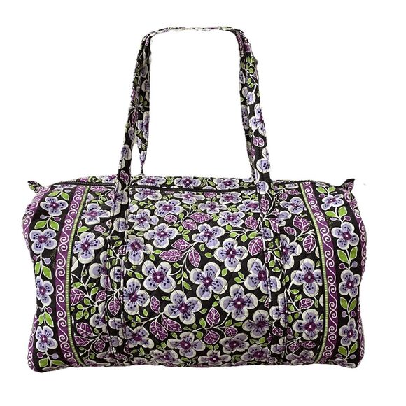 VERA BRADLEY Large Duffle Bag Plum Petals Purple Flower Travel Zip Top Handles - Picture 1 of 11